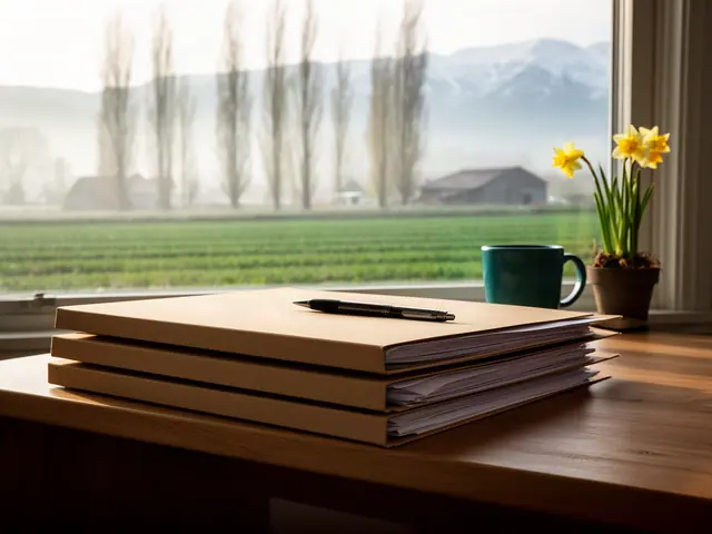 A neat stack of closed manila folders and a pen on a desk by a window.